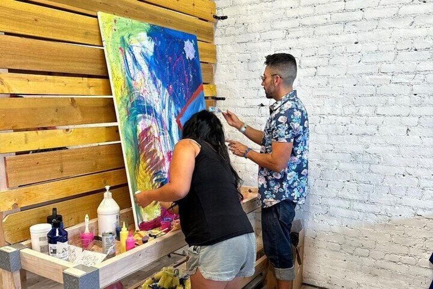 Duo collaboration pieces can accommodate 2 artists on a larger 30x40" canvas. Book online www.go2splat.com