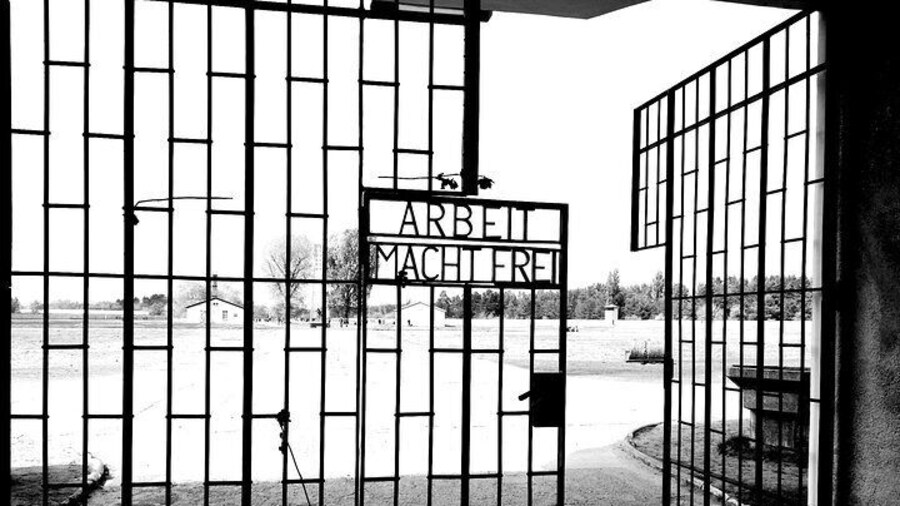 The entrance gate to the camp with the inscription: "Work set you free"