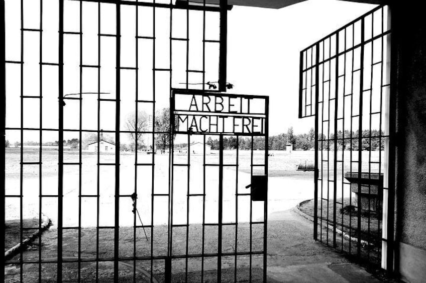 The entrance gate to the camp with the inscription: "Work set you free"