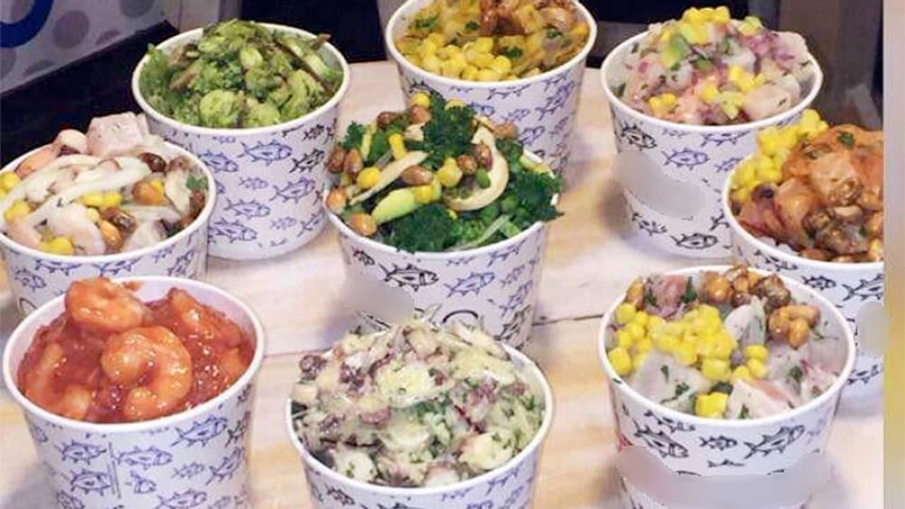 View of a variety of ceviche in Cartagena, Colombia 
