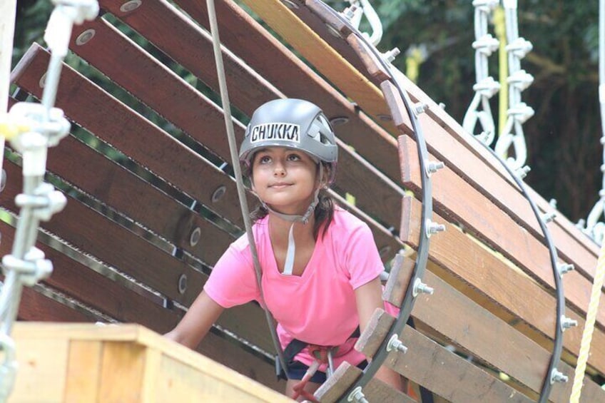 Child coming through the barrel element on the Gully Challenge Course at the Harrison's Cave Eco-Adventure Park