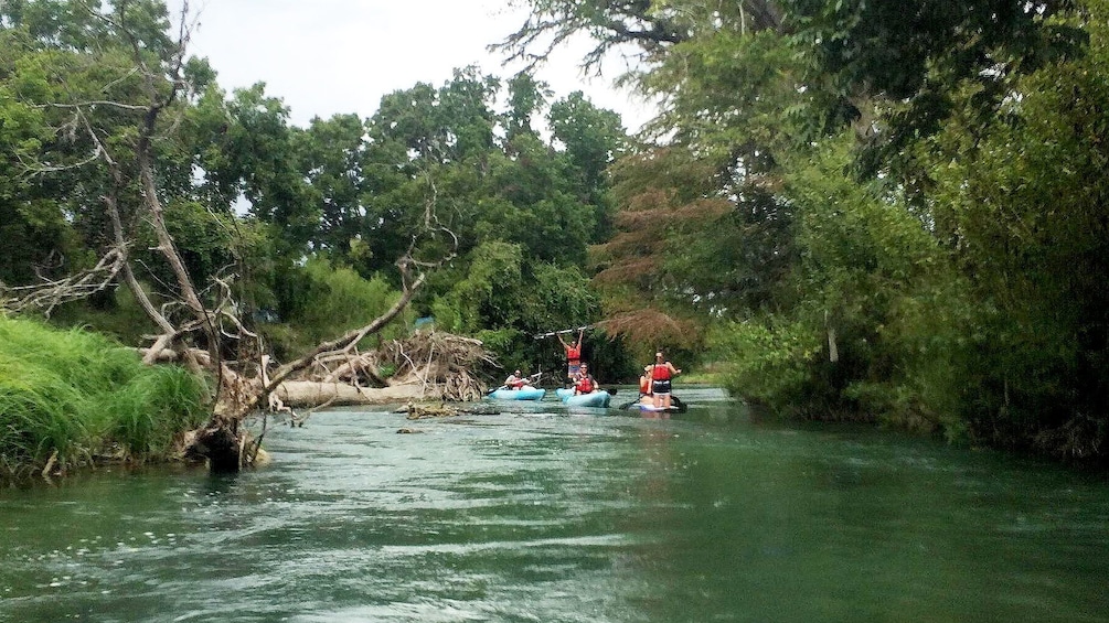 Kayakers paddle down river in Austin