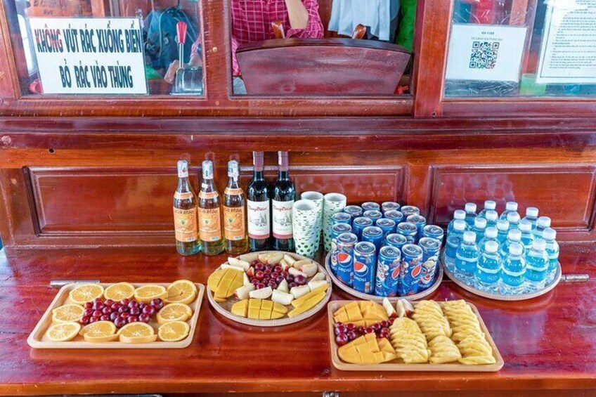 Free fruits, wine, water on boat