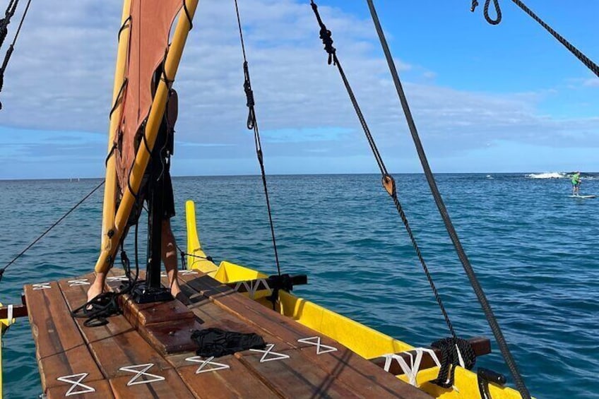 A beautiful morning from the deck of our double-hull canoe