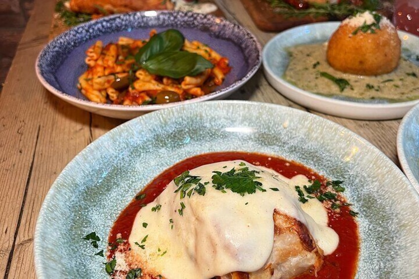 Example ofM Main: pasta puttanesca and Timballo Ragu' Siciliano