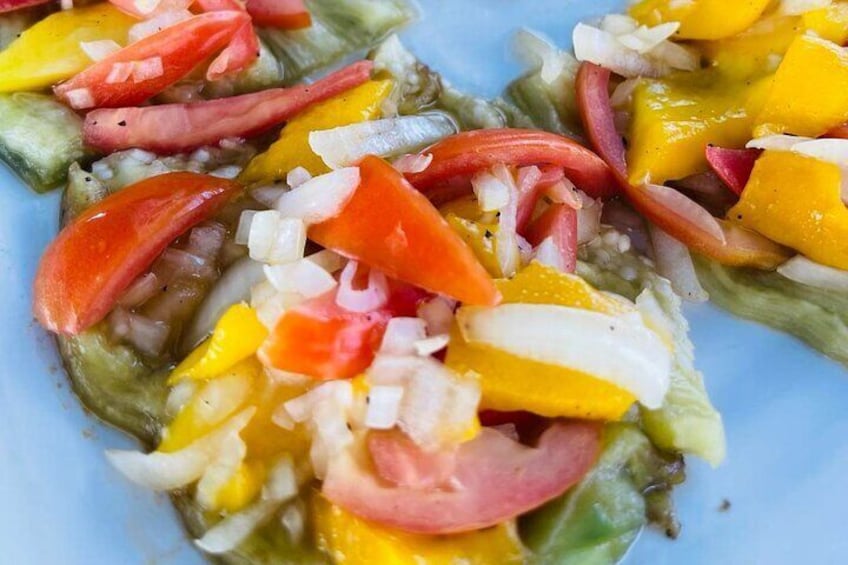 Grilled Eggplant with Mango. onion and Tomatoes. 