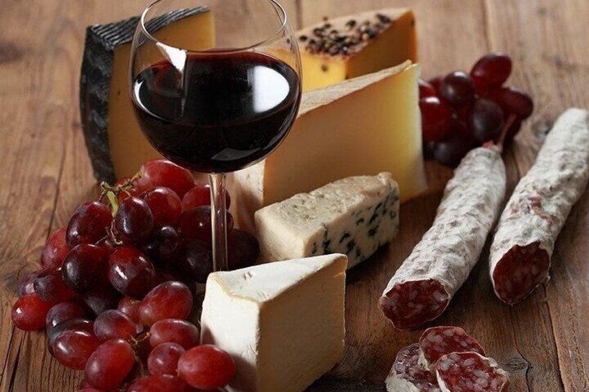 Cheeses, cured meats, wine