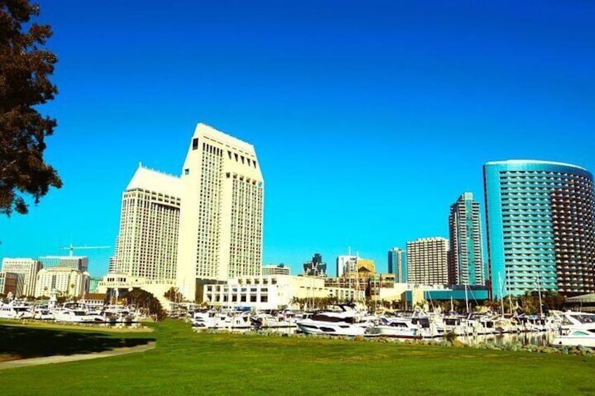 Embarcadero Park views: city skyline, tranquil bay, palm trees, yachts, a coastal charm spectacle.