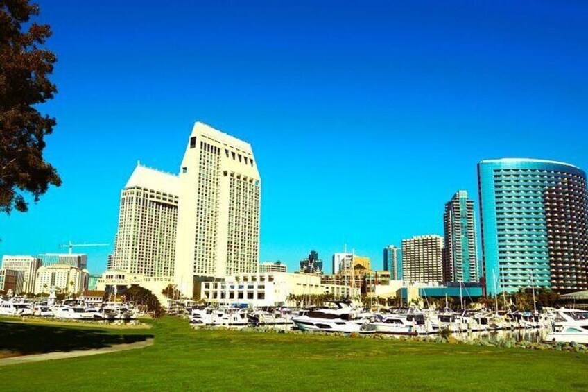Embarcadero Park views: city skyline, tranquil bay, palm trees, yachts, a coastal charm spectacle.