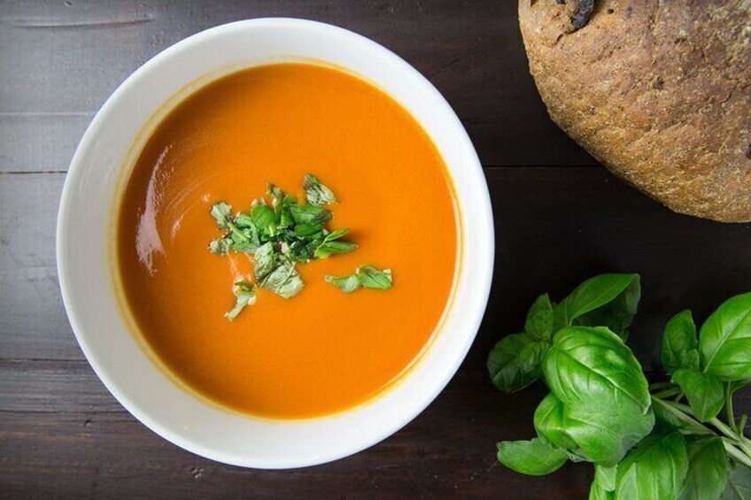 One of the typical vegan plates that we serve Salmorejo- Spanish tomato cream soup