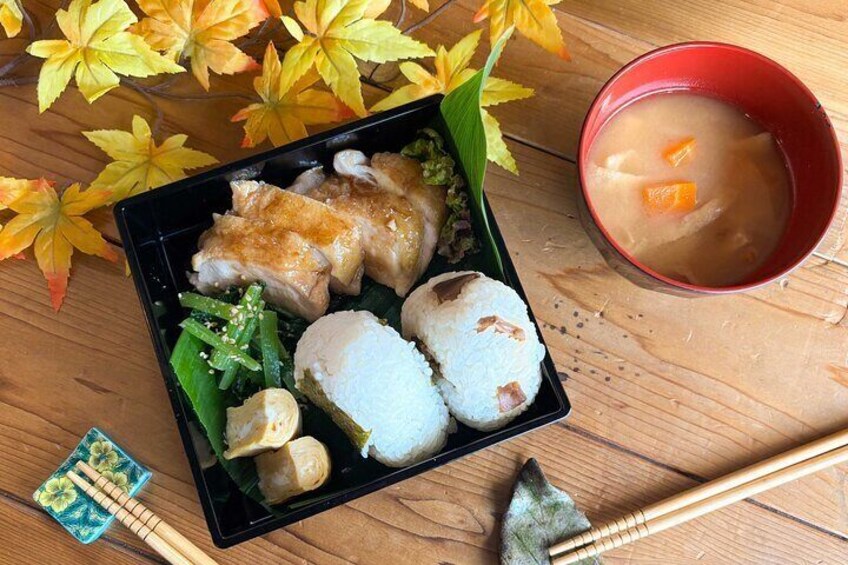World Famous Dish Teriyaki Chicken Bento with Onigiri