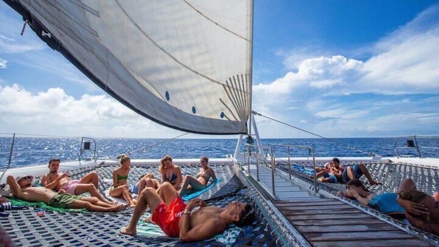 See the sun set on board our catamaran, on your way back from Klein Curacao