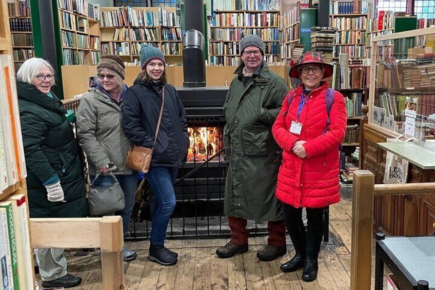 Warming by the fire in Leakey's bookshop