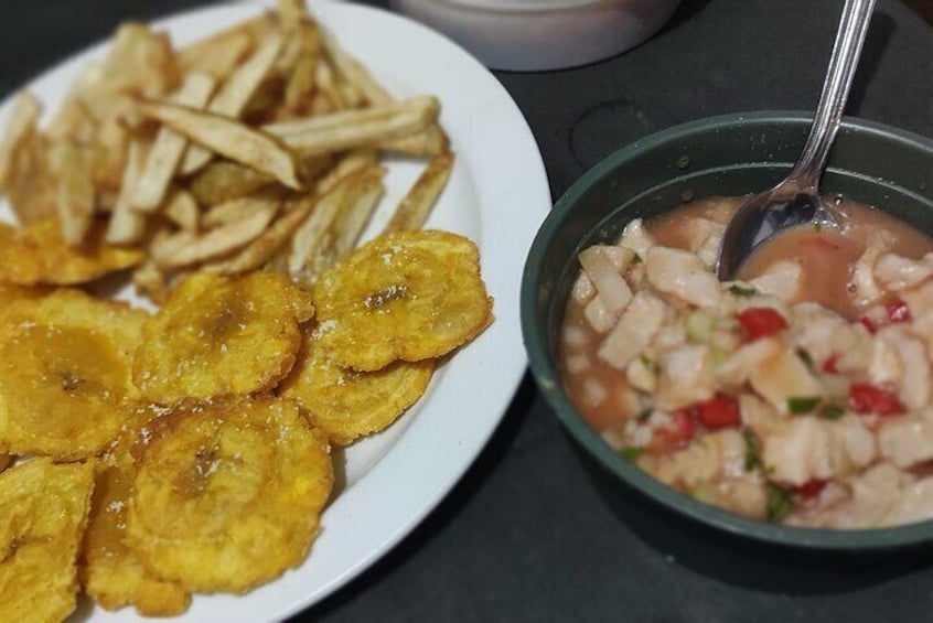 Ceviche and Patacones (plantain fritters)