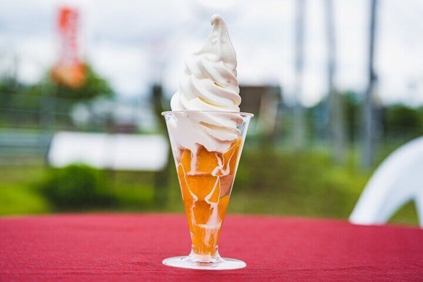 Melon slices topped with soft serve ice cream is also delicious!