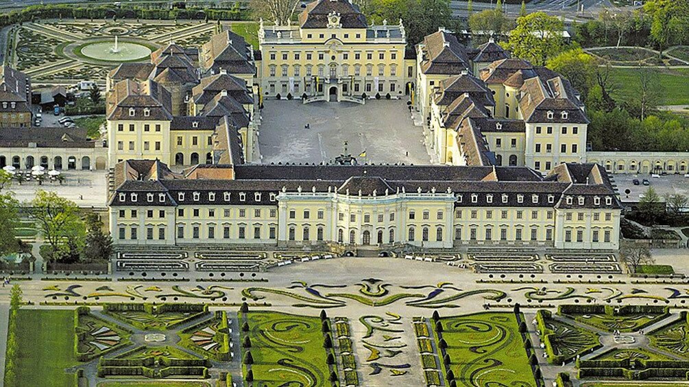 Ariel view of Ludwigsburg Palace and grounds in Frankfurt
