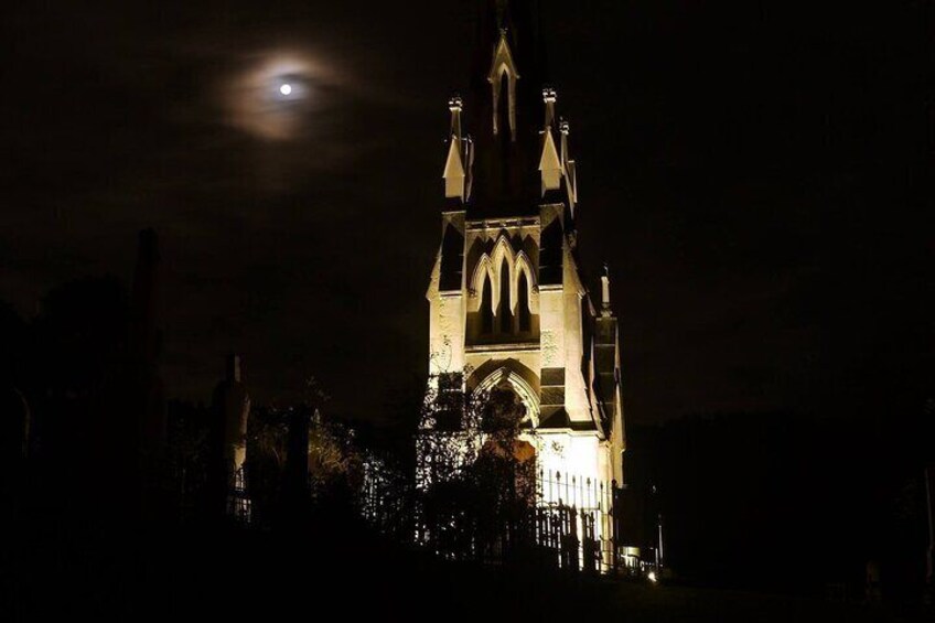 Larnach's Tomb in the Northern Cemetery, lit up at night