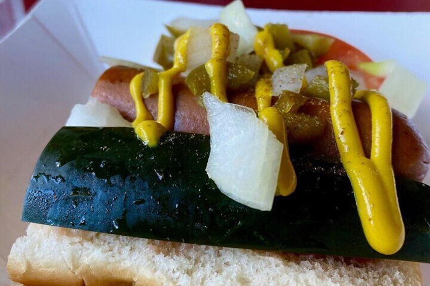 Veggie Chicago dog with house-made pickles