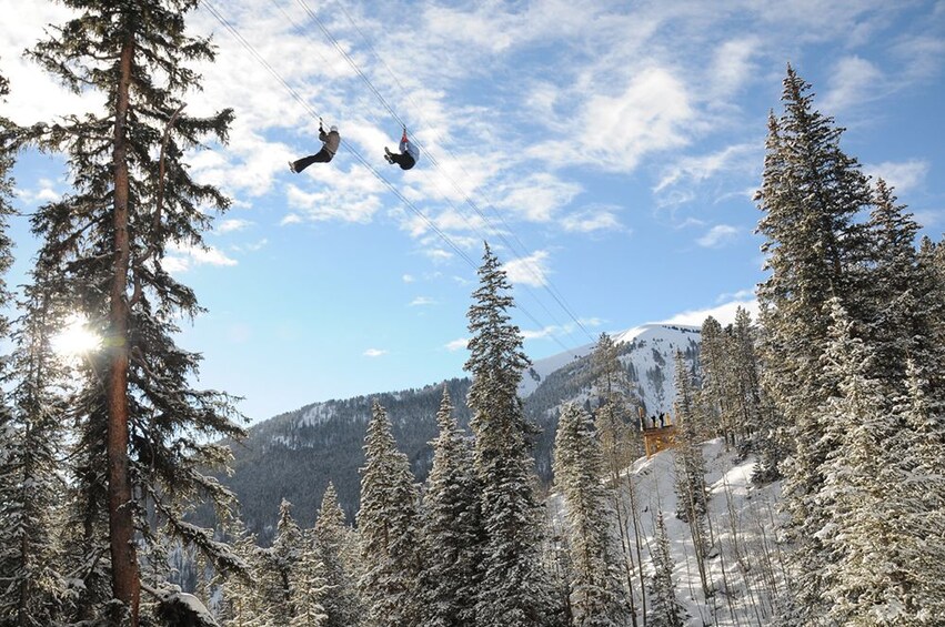 Show item 1 of 6. Pair of zipliners over the snowy forest in the Rockies