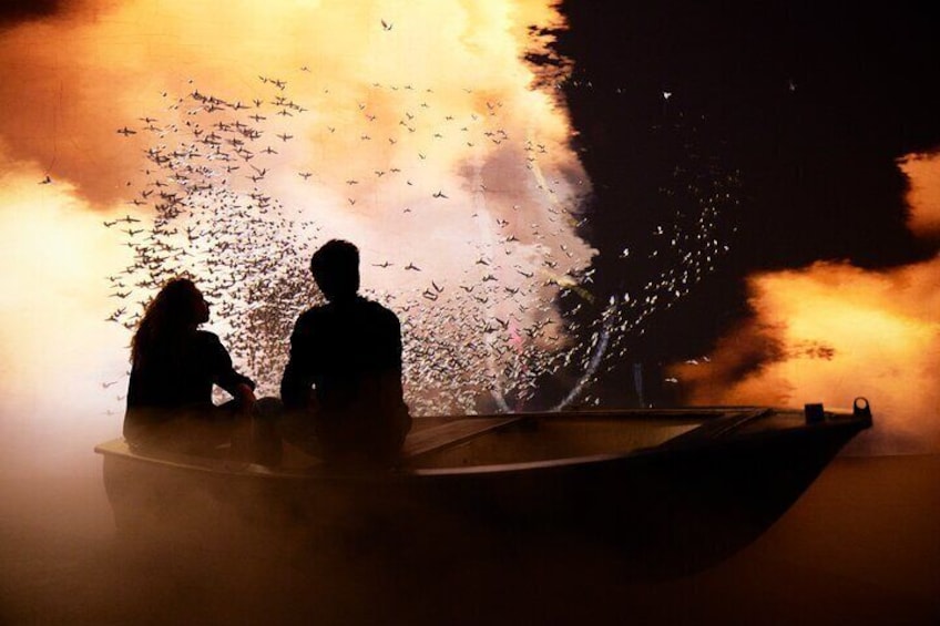 Walk through the clouds and gaze at the birds dancing in flocks. Step into the boat and sail across the clouds.