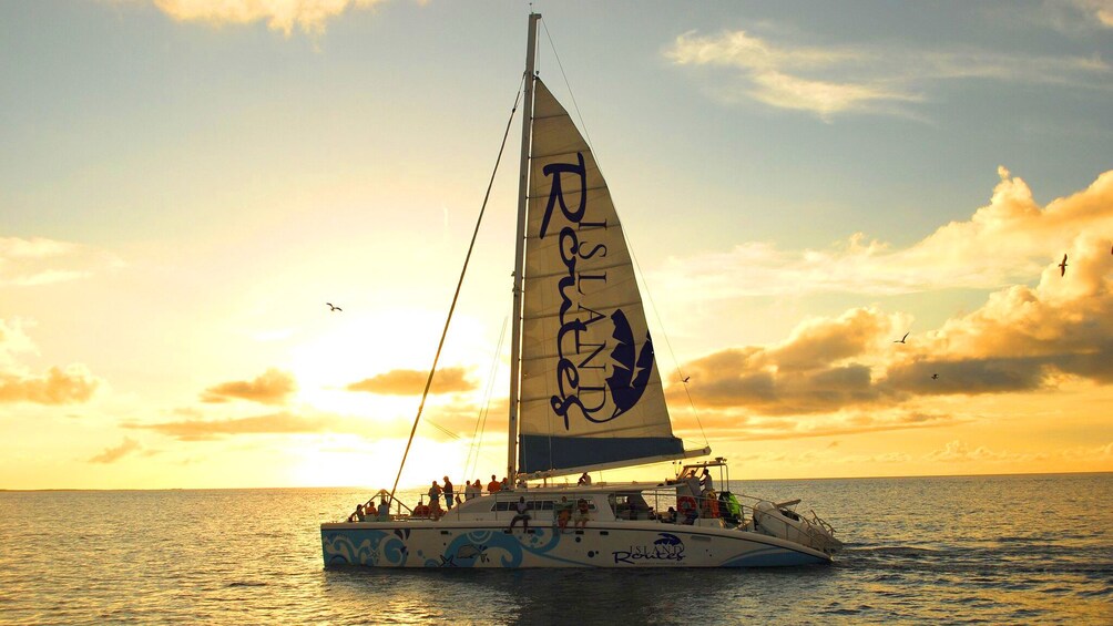 Catamaran sails in the Caribbean at sunset