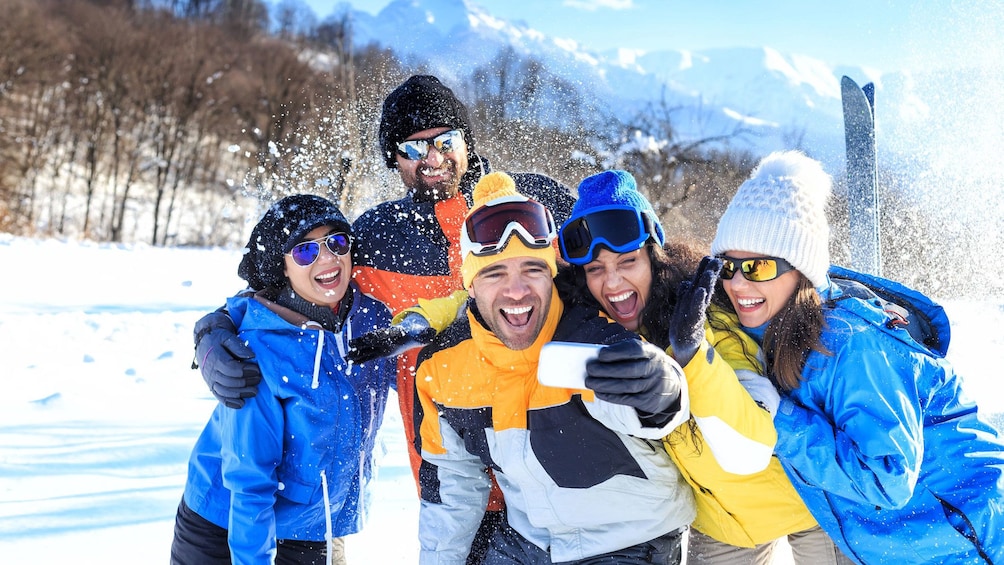 Group having fun in the snow in Mammoth Lakes, California