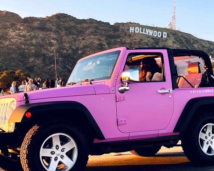 Hollywood Sign Private Tour on an open Pink Jeep