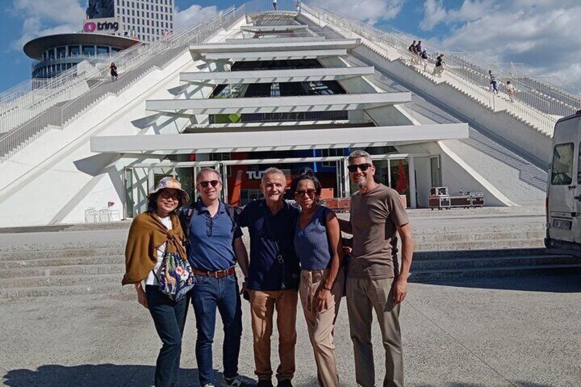 Photo with visitors to the Pyramid of Tirana