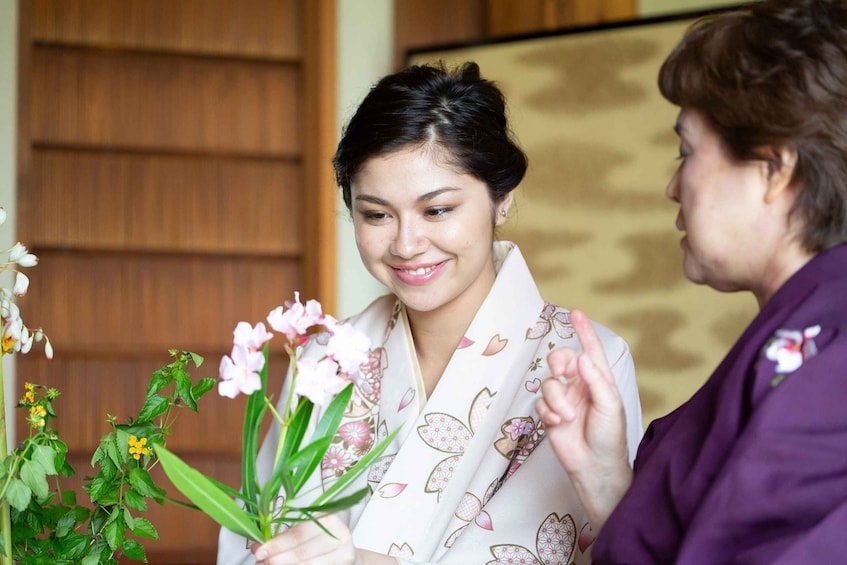 Flower Arrangement experience with simple kimono in Okinawa