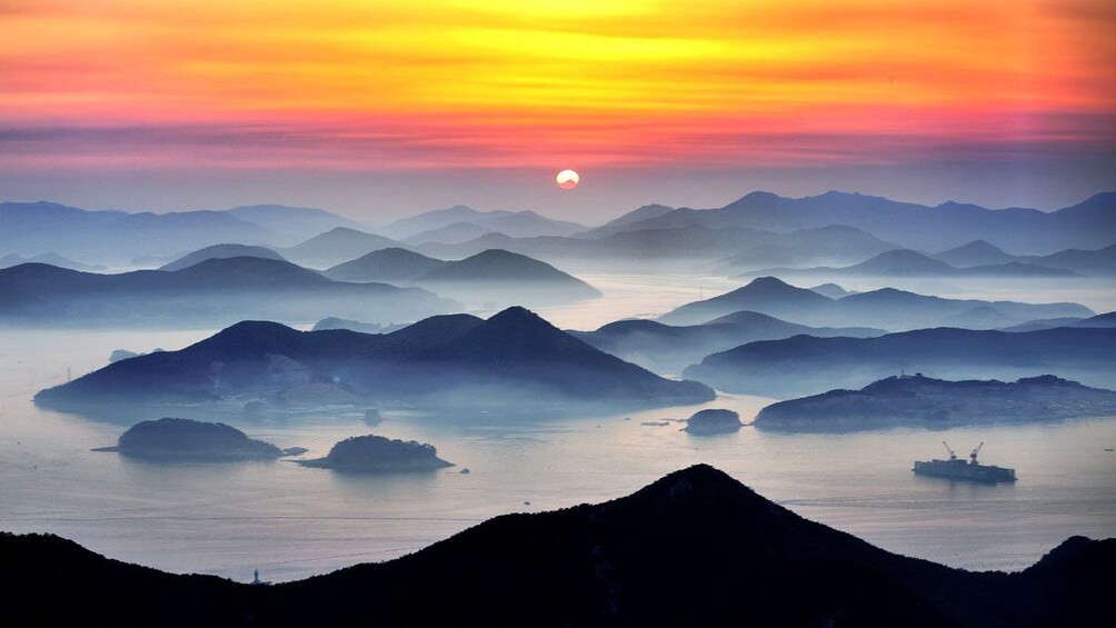 View of sun setting over multiple islands in Tongyeong