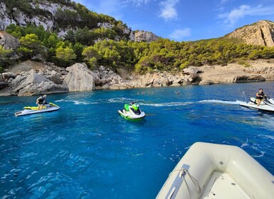 Von San Antonio aus: Jet Ski Tour zur Cala Aubarca mit Schwimmen