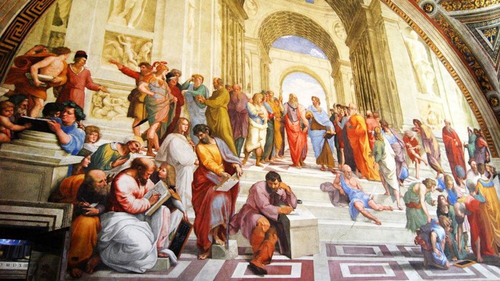 View of the Raphael's painting The School of Athens in Rome
