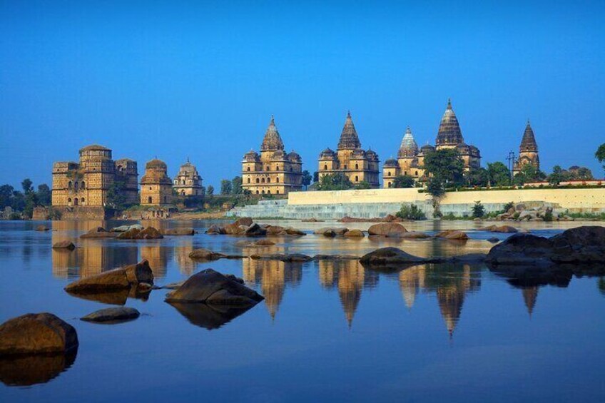 View of Royal cenotaphs of Orchha over Betwa river Orchha.