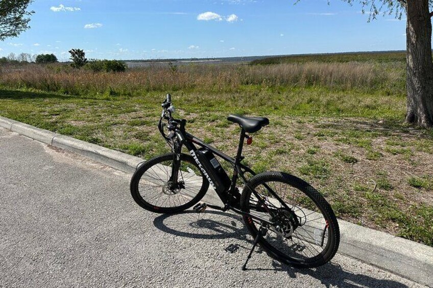 Electric Mountain Bike parked by the lakefront.