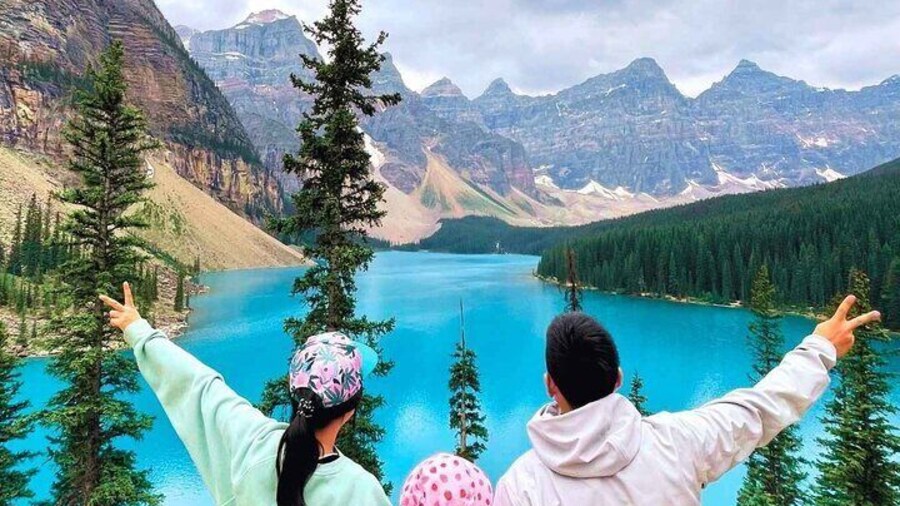 A family having fun at Moraine Lake