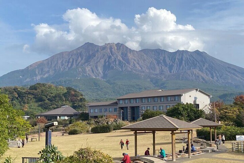 Sakurajima Active Volcano and a footbath