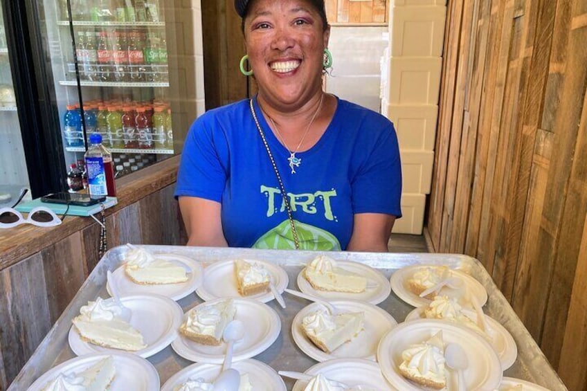Tour & Tasting Expert, Yvonne, serving up Key Lime Pie at a favorite shoppe!