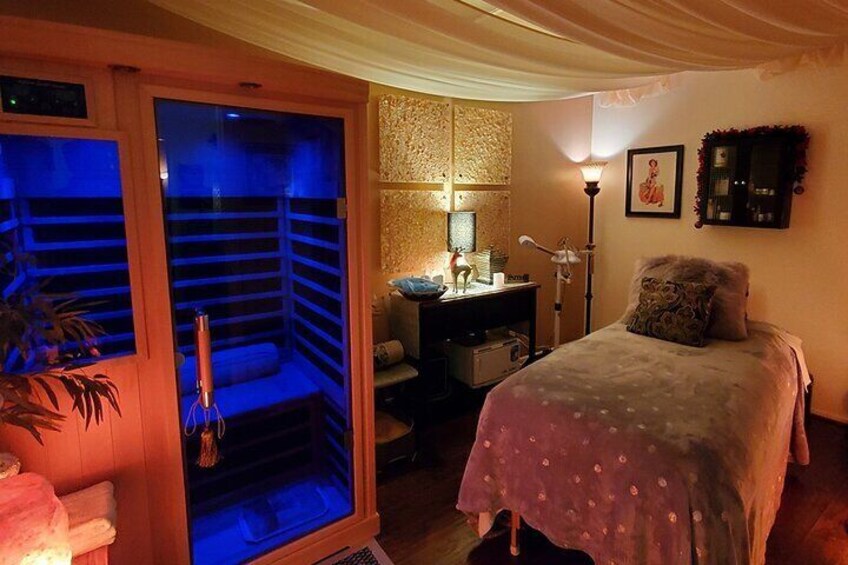 Relax and Unwind in the State of the Art Infrared Sauna with Himalayan Salt. Soothe muscles and Detox the body