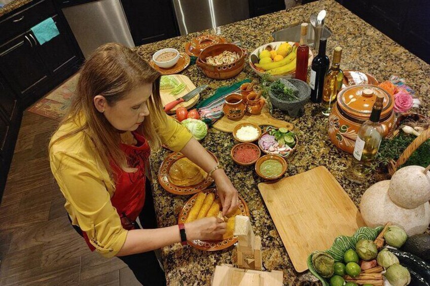 Betty cooking Sinaloa Style Chicken Enchiladas using all fresh local ingredients