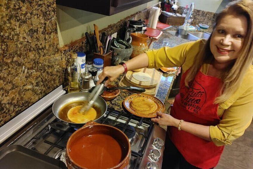 Dipping freshly made-tortillas into a chili sauce made with fresh ingredients picked same day from our Hacienda Eco-Dome gardens