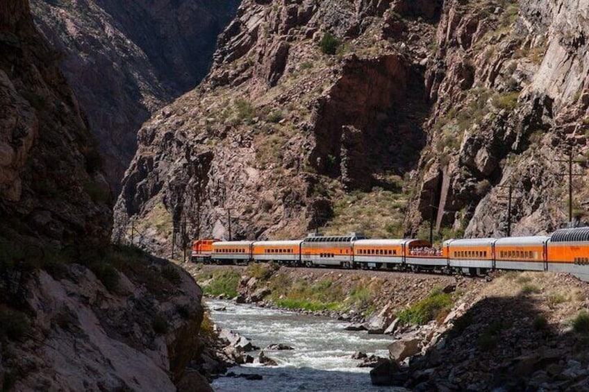 The Royal Gorge Route Railroad traverses Colorado's most historic rail line runs along side the rushing Arkansas River, below the famous Royal Gorge Bridge.