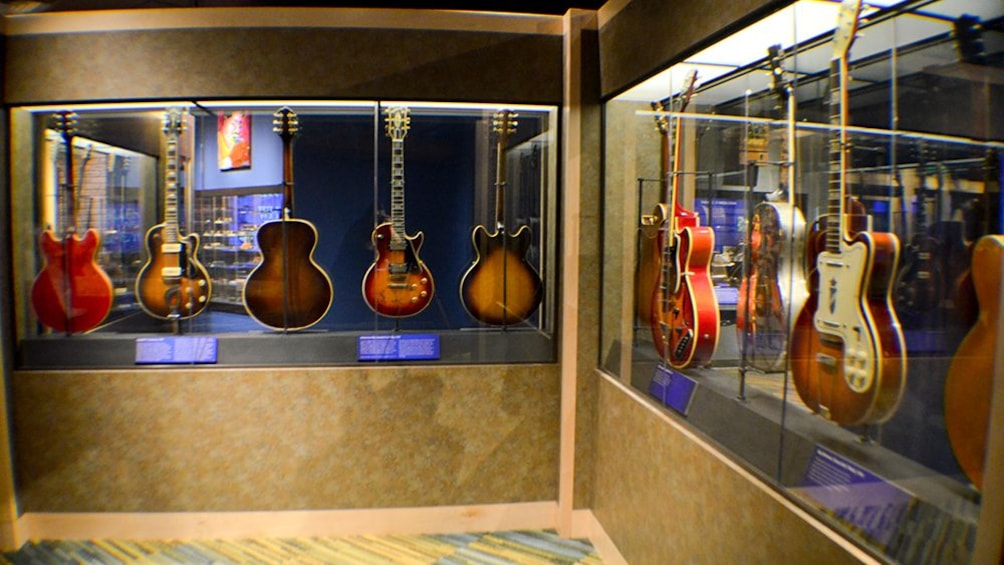 Close view of the guitars on display at the Gateway to the Blues Museum