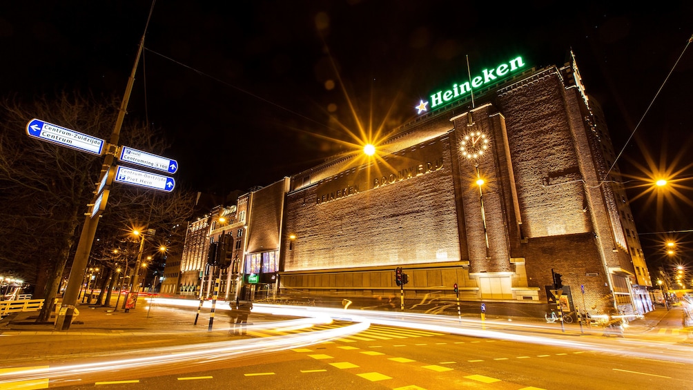Exterior view of Heineken brewery at night in Amsterdam