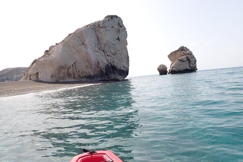 At legendary Aphrodite's Rock on a kayak
