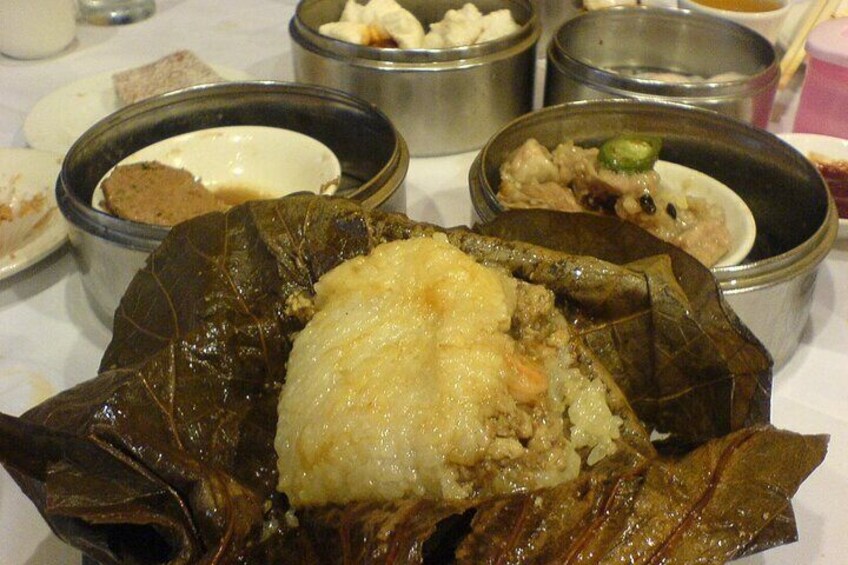 Sticky rice wrapped in lotus leaf.