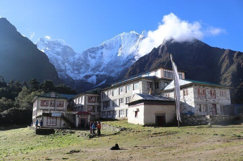 Hotels at Tengboche with background view of Thamserku