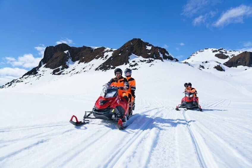 Snowmobiling on Langjökull glacier, Iceland.