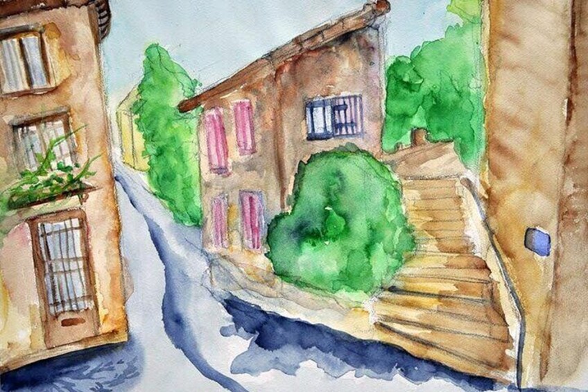 Watercolor of the village of Angles by a student.