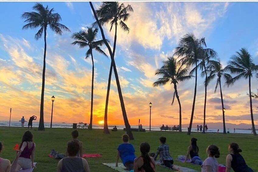 waikiki beach yoga at sunset 