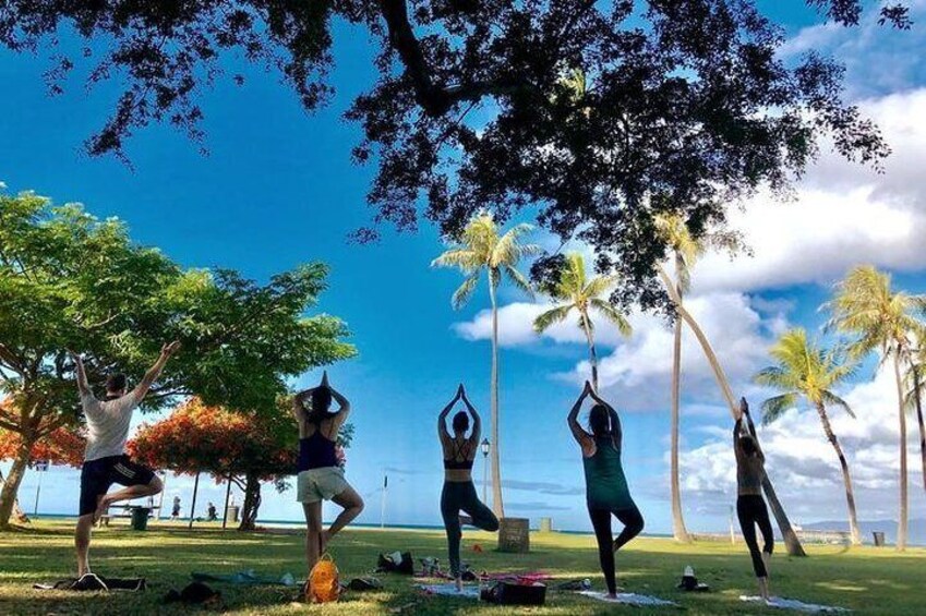 beach yoga in waikiki mornings